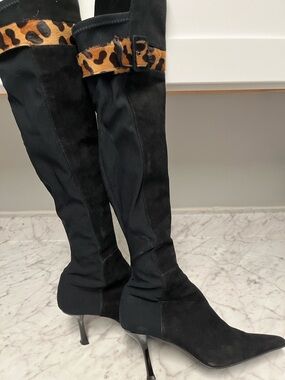 Stuart Weitzman Black Suede Over-the-Knee Boots with Leopard Accent